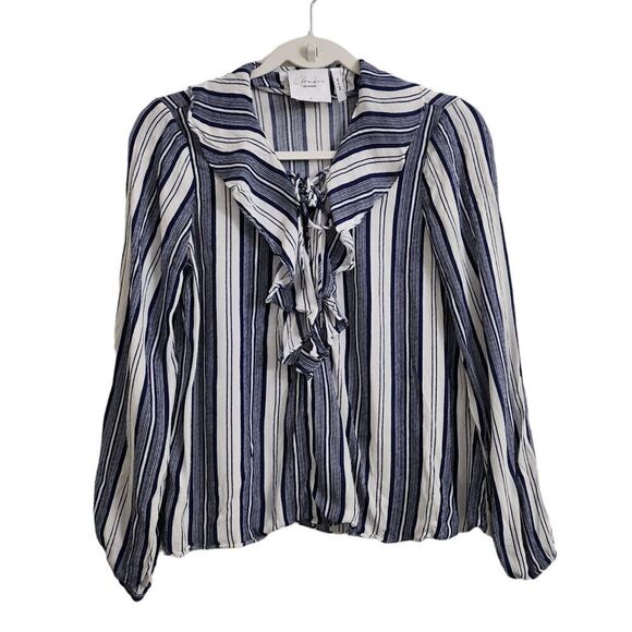 L’Academie Revolve‎ Blouse Small Blue & White Striped Top Ruffled Tie Neck - Picture 1 of 9